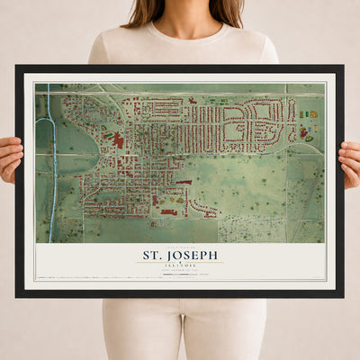 Map of St. Joseph, Illinois, 18 x 24 inch print in a black wood frame
