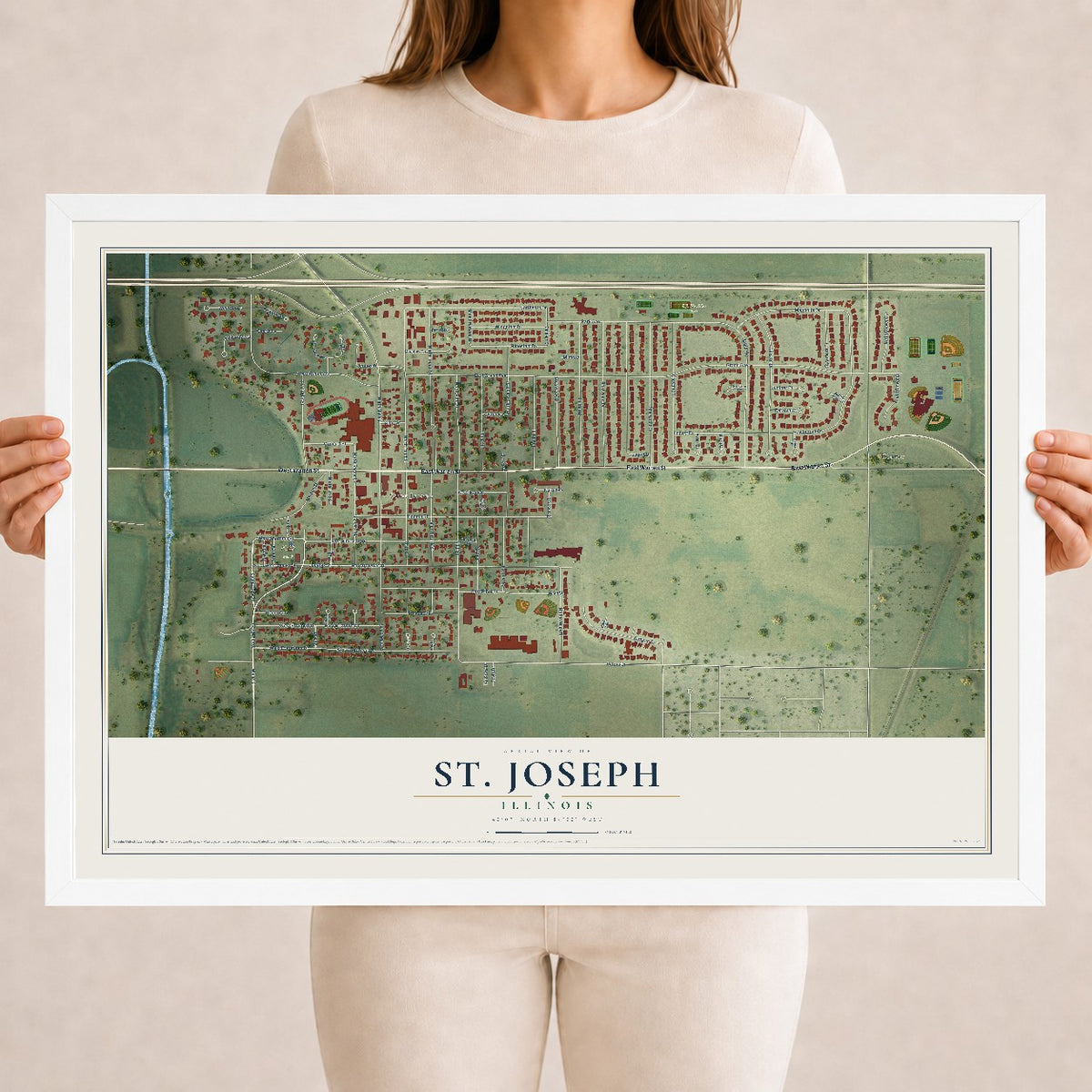 Map of St. Joseph, Illinois, 18 x 24 inch print in a white wood frame