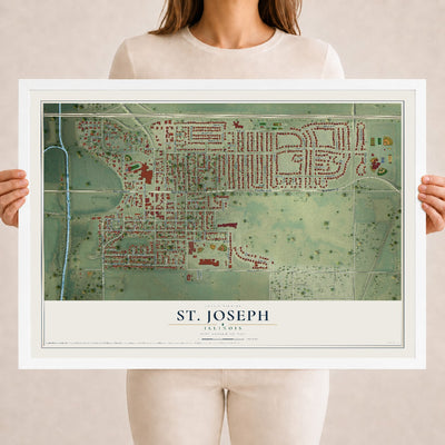 Map of St. Joseph, Illinois, 18 x 24 inch print in a white wood frame