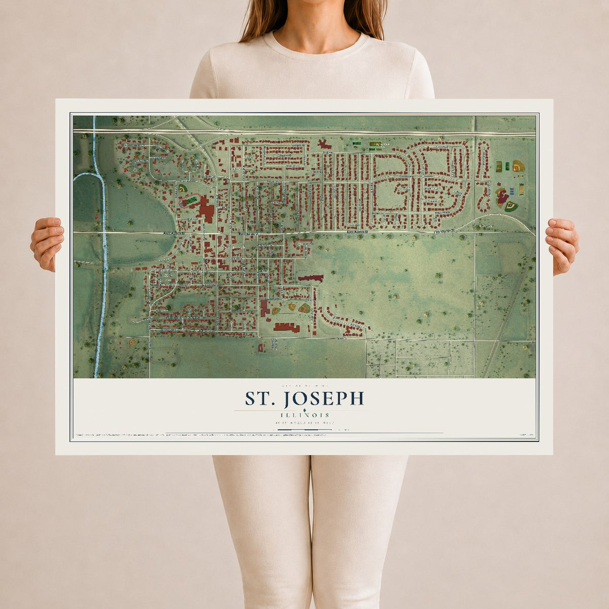 Map of St. Joseph, Illinois, 24 x 36 inch unframed archival matte print