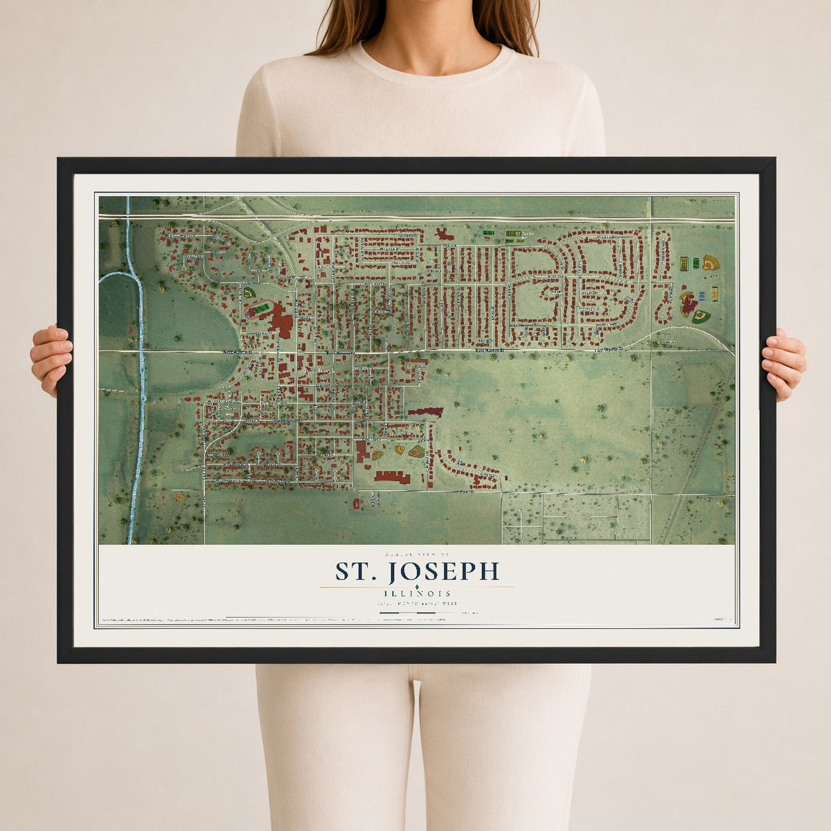 Map of St. Joseph, Illinois, 24 x 36 inch print in a black wood frame