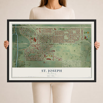 Map of St. Joseph, Illinois, 24 x 36 inch print in a black wood frame