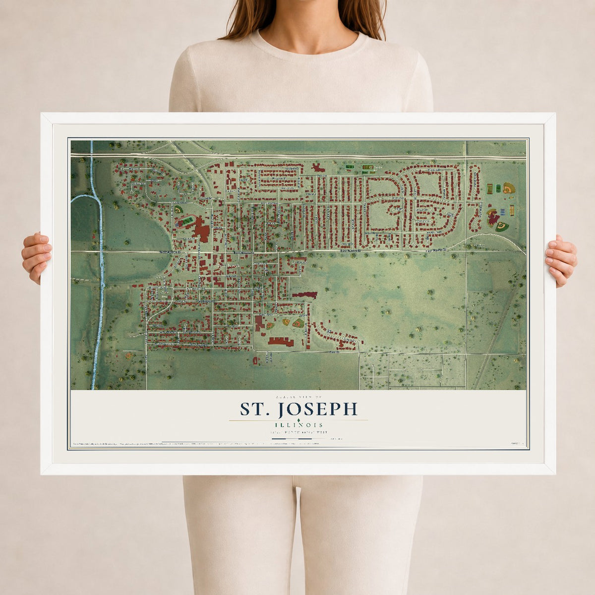 Map of St. Joseph, Illinois, 24 x 36 inch print in a white wood frame