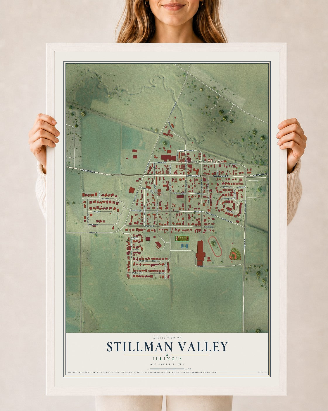 Map of Stillman Valley, Illinois, 24 x 36 inch print in a white wood frame