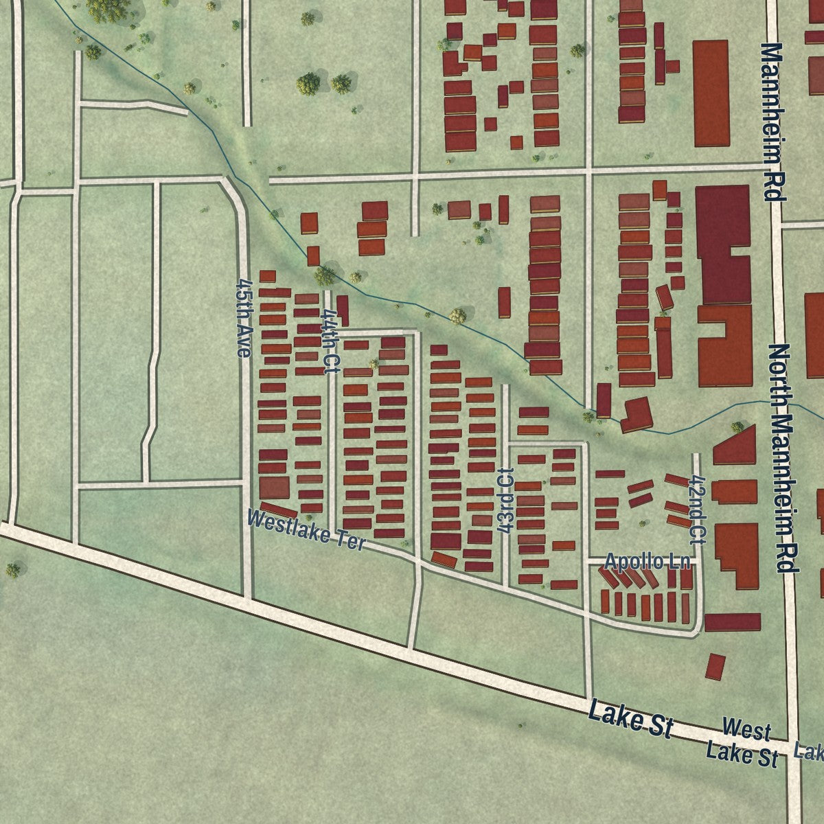 Second close-up of the map of Stone Park, Illinois print showing more streets and buildings