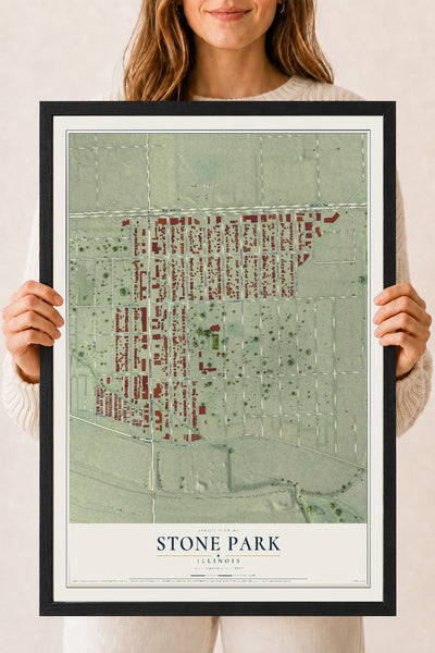 Map of Stone Park, Illinois, 18 x 24 inch print in a black wood frame