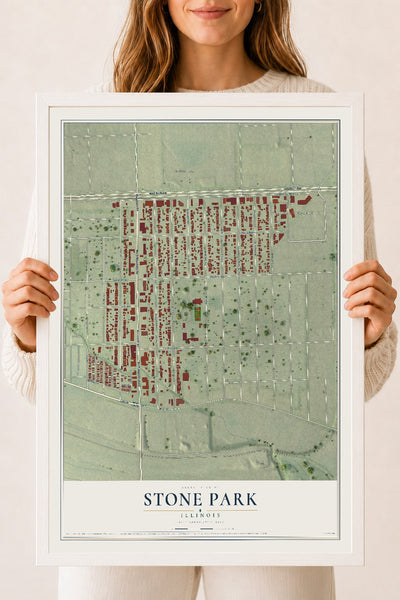 Map of Stone Park, Illinois, 18 x 24 inch print in a white wood frame