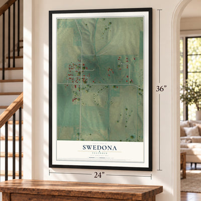 Swedona, Illinois map, 24 x 36 inch print in a black frame by a staircase