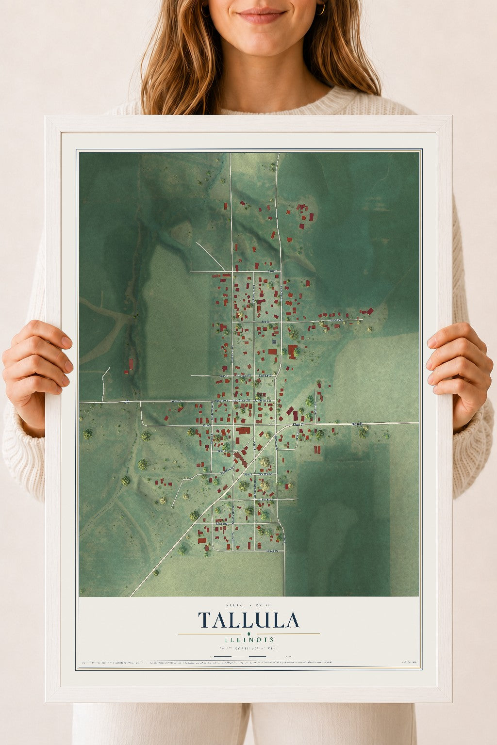 Map of Tallula, Illinois, 18 x 24 inch print in a white wood frame