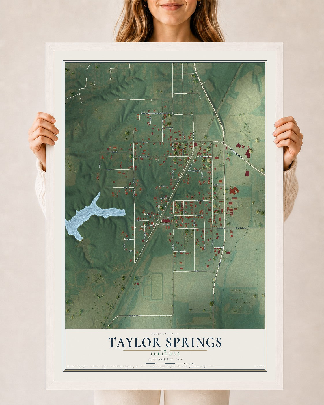 Map of Taylor Springs, Illinois, 24 x 36 inch print in a white wood frame