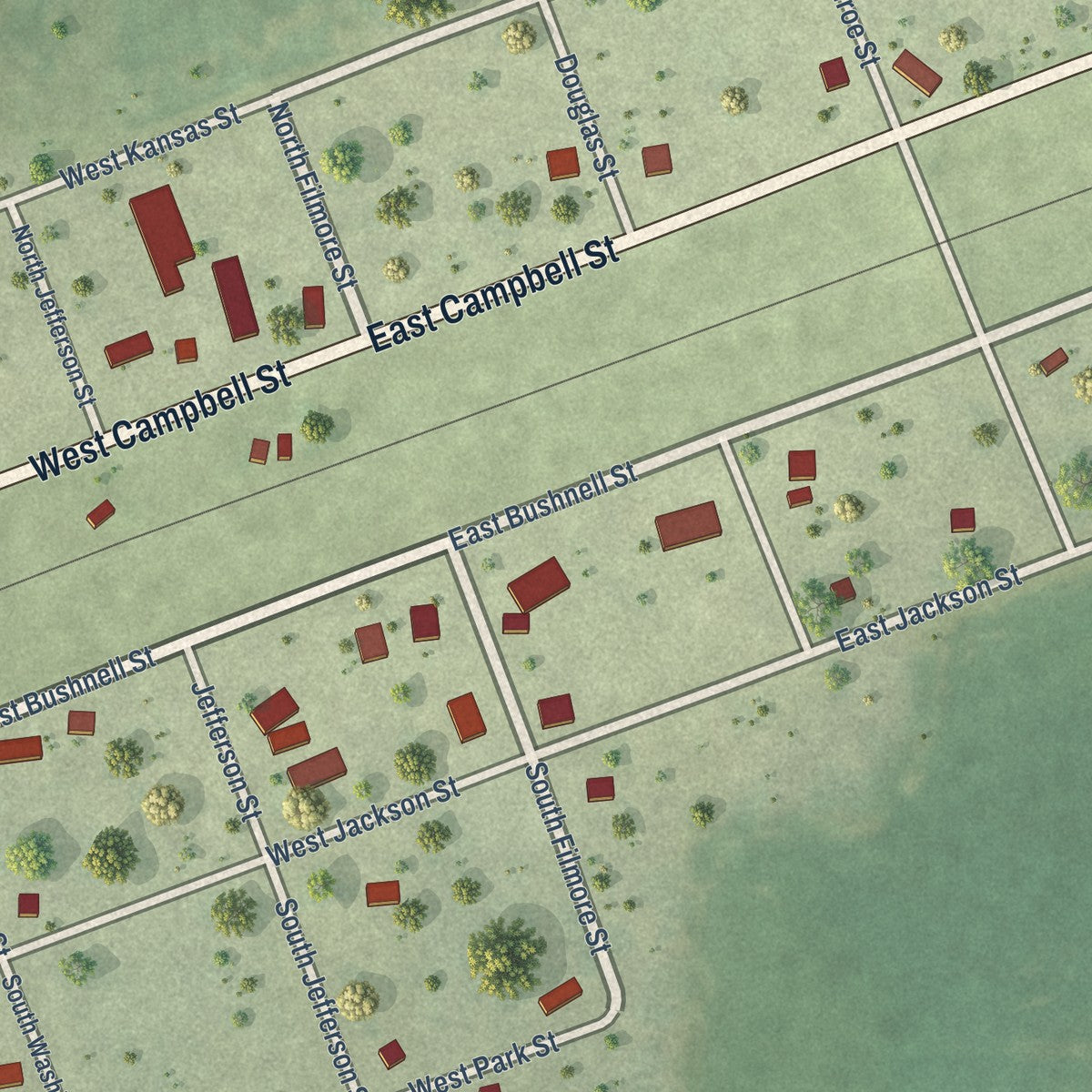 Close-up of the map of Tennessee, Illinois print showing street and building detail
