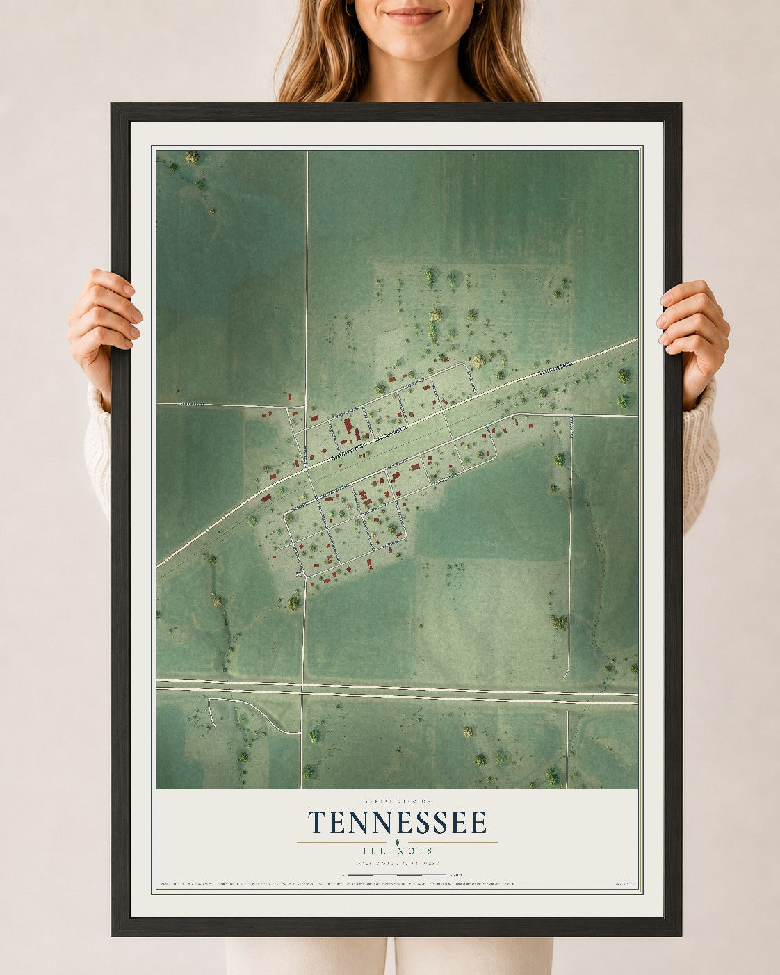 Map of Tennessee, Illinois, 24 x 36 inch print in a black wood frame