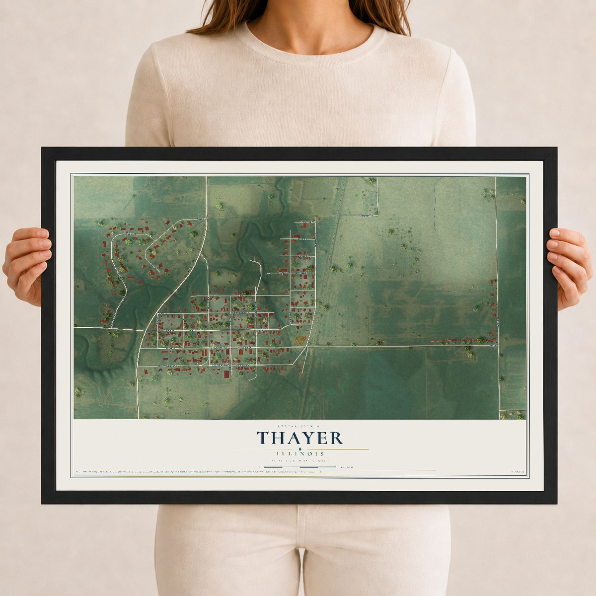 Map of Thayer, Illinois, 12 x 18 inch print in a black wood frame