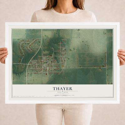 Map of Thayer, Illinois, 18 x 24 inch print in a white wood frame