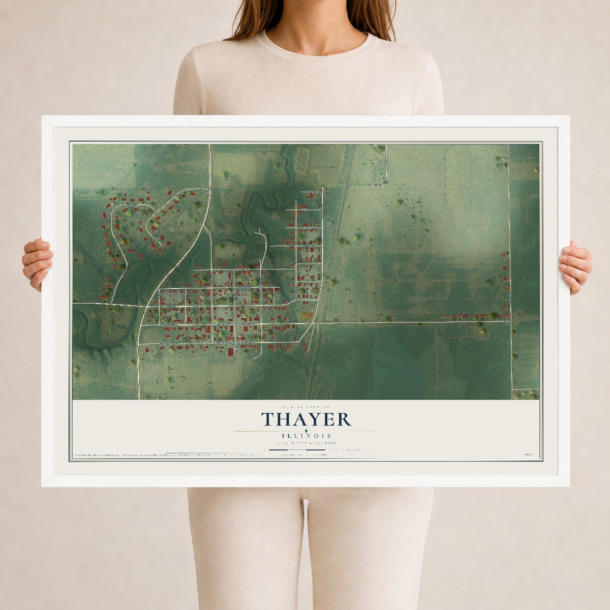 Map of Thayer, Illinois, 24 x 36 inch print in a white wood frame