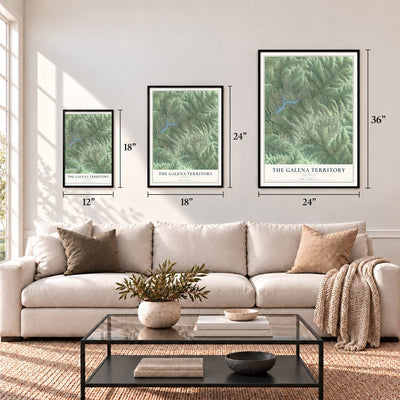 The Galena Territory, Illinois map in 12 x 18, 18 x 24 and 24 x 36 inch sizes above a sofa