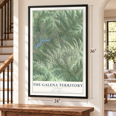 The Galena Territory, Illinois map, 24 x 36 inch print in a black frame by a staircase
