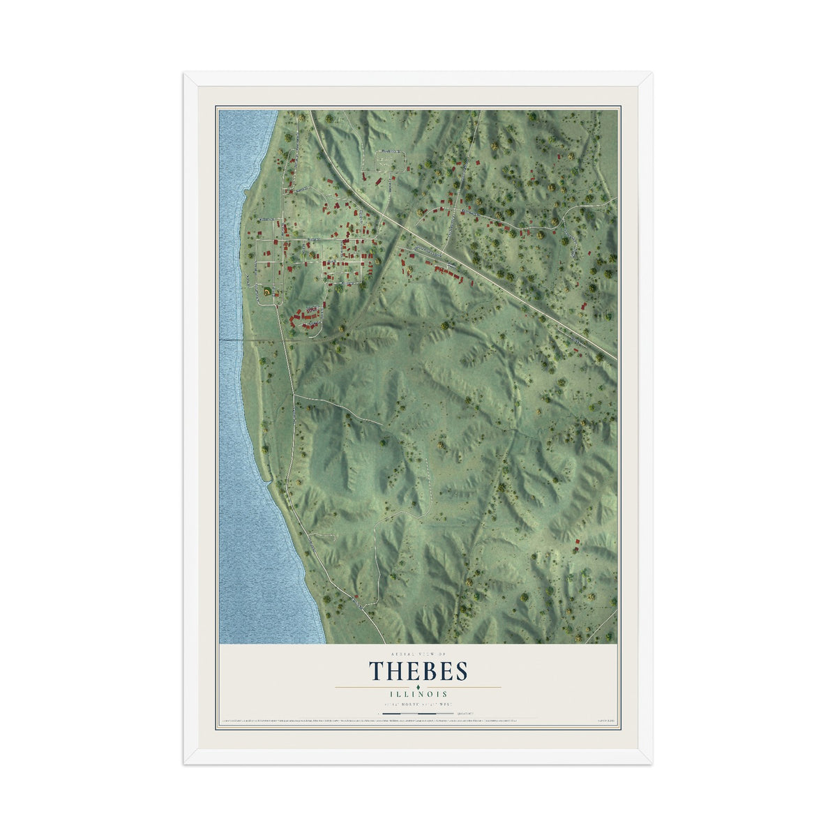 Map of Thebes, Illinois, 12 x 18 inch print in a white wood frame