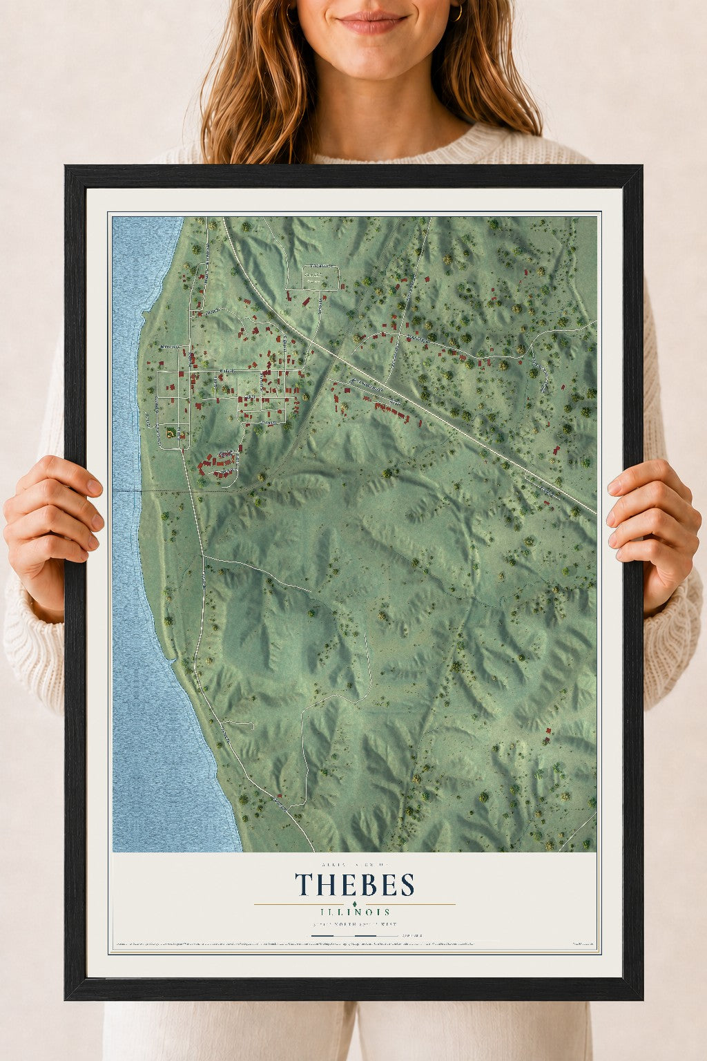 Map of Thebes, Illinois, 18 x 24 inch print in a black wood frame