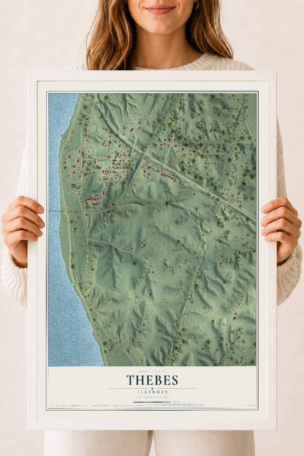 Map of Thebes, Illinois, 18 x 24 inch print in a white wood frame
