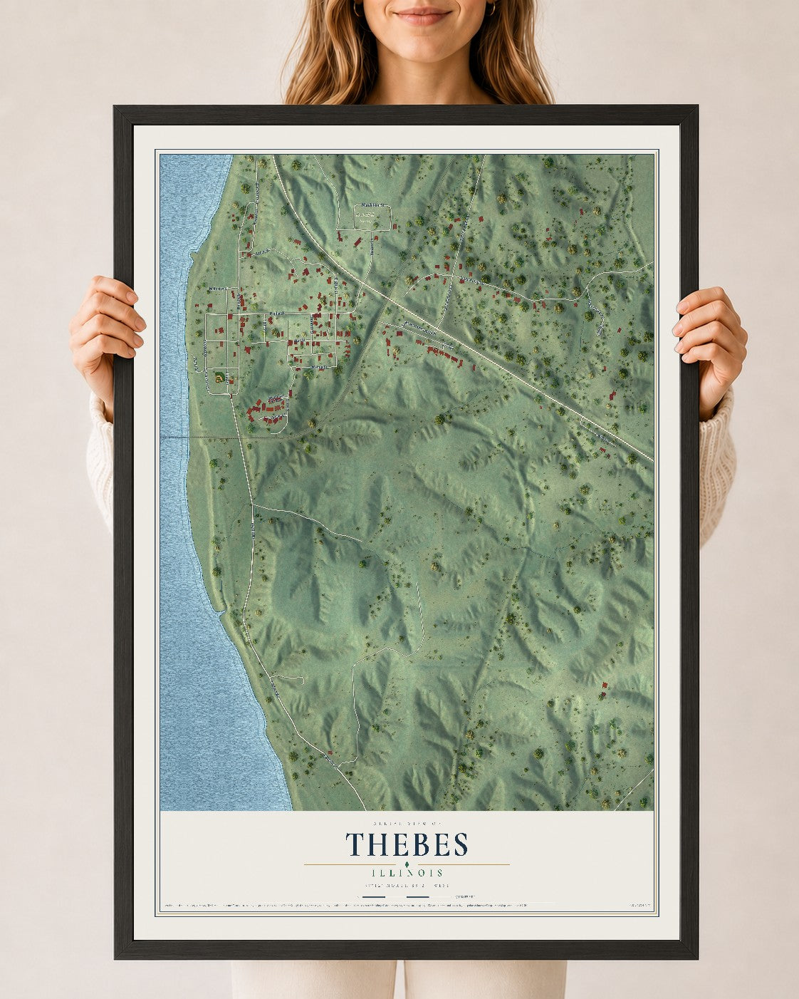 Map of Thebes, Illinois, 24 x 36 inch print in a black wood frame