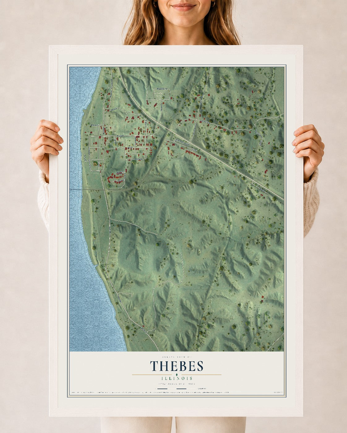 Map of Thebes, Illinois, 24 x 36 inch print in a white wood frame