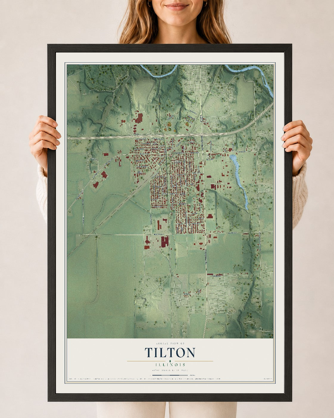 Map of Tilton, Illinois, 24 x 36 inch print in a black wood frame
