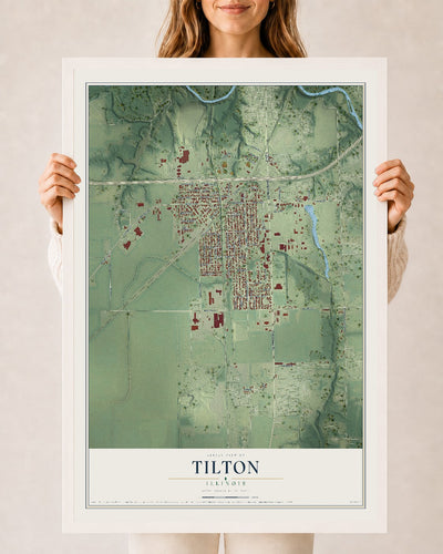 Map of Tilton, Illinois, 24 x 36 inch print in a white wood frame