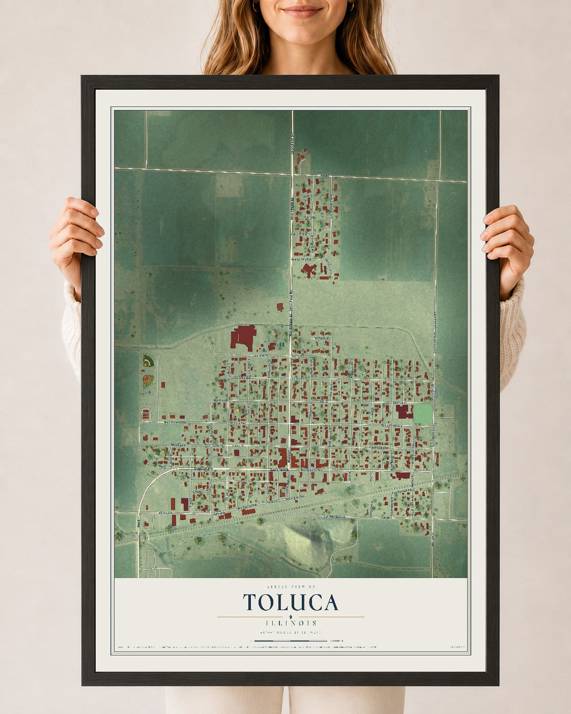 Map of Toluca, Illinois, 24 x 36 inch print in a black wood frame