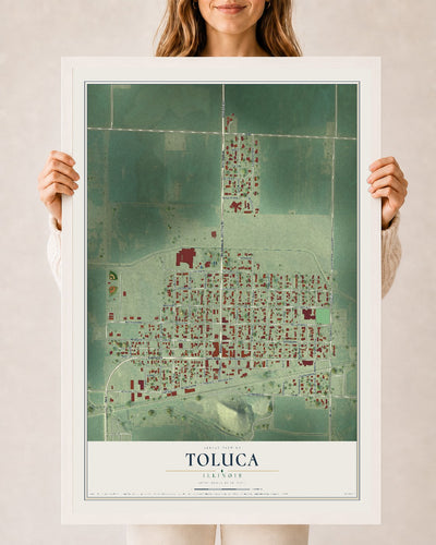 Map of Toluca, Illinois, 24 x 36 inch print in a white wood frame