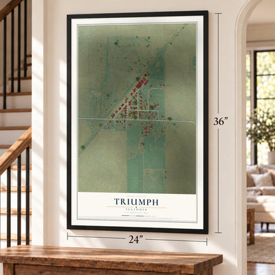 Triumph, Illinois map, 24 x 36 inch print in a black frame by a staircase