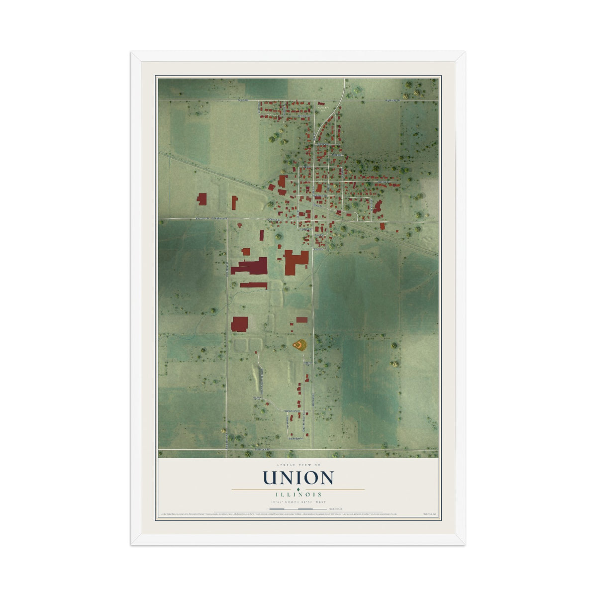 Map of Union, Illinois, 12 x 18 inch print in a white wood frame