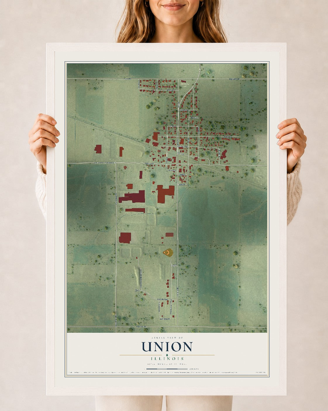Map of Union, Illinois, 24 x 36 inch print in a white wood frame