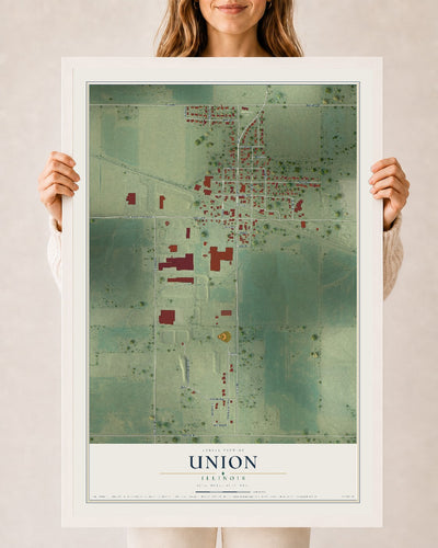 Map of Union, Illinois, 24 x 36 inch print in a white wood frame