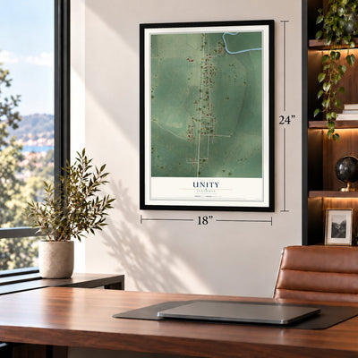 Unity, Illinois map, 18 x 24 inch print in a black frame in a home office