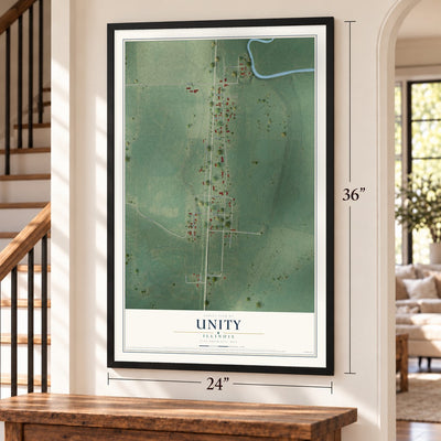 Unity, Illinois map, 24 x 36 inch print in a black frame by a staircase