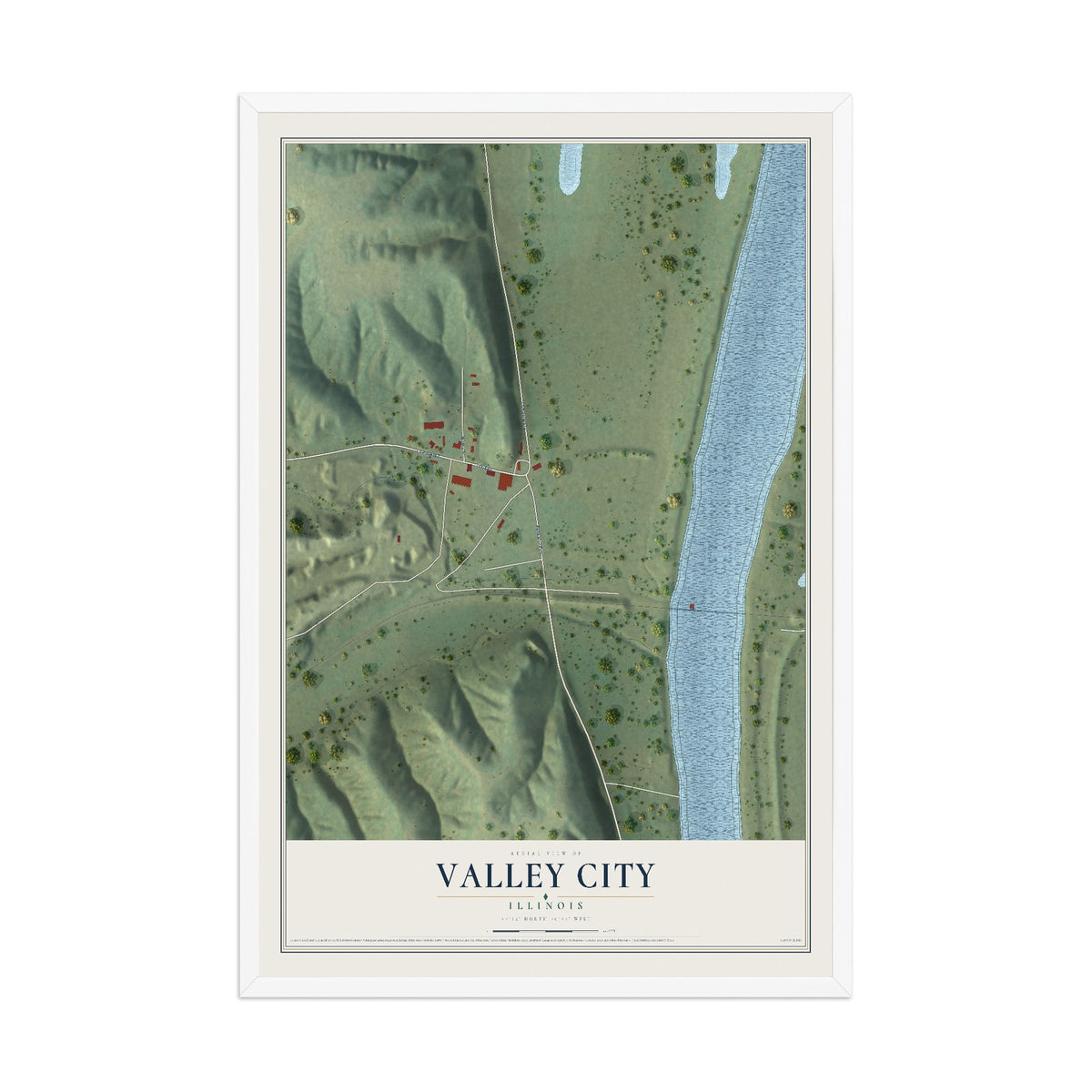 Map of Valley City, Illinois, 12 x 18 inch print in a white wood frame