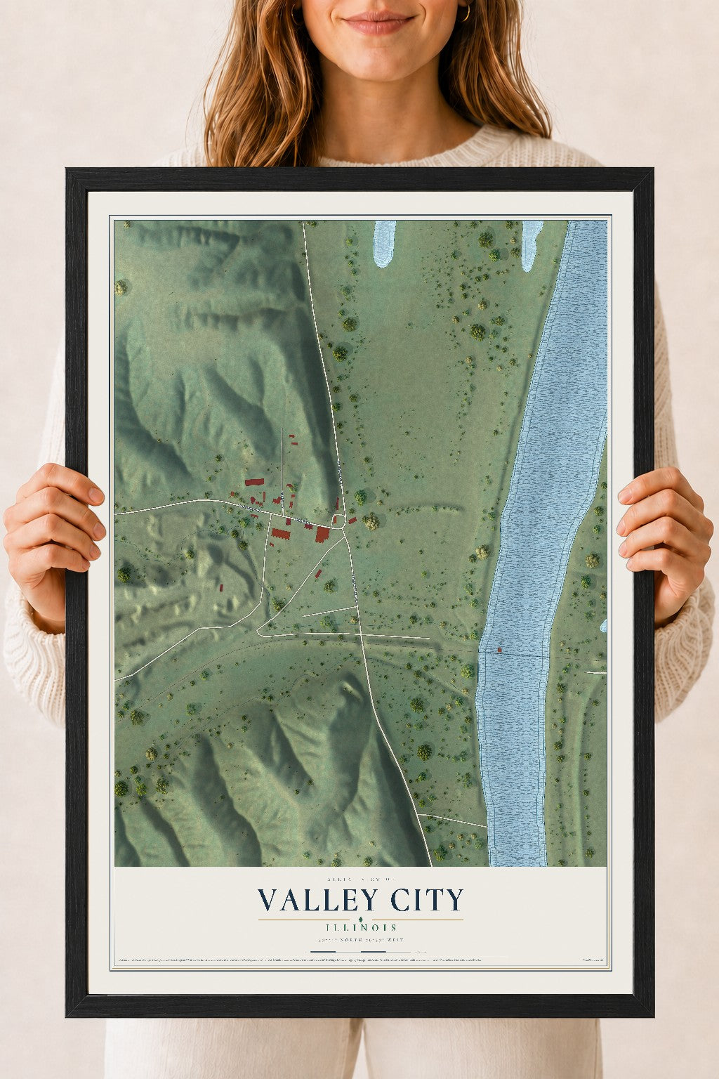 Map of Valley City, Illinois, 18 x 24 inch print in a black wood frame