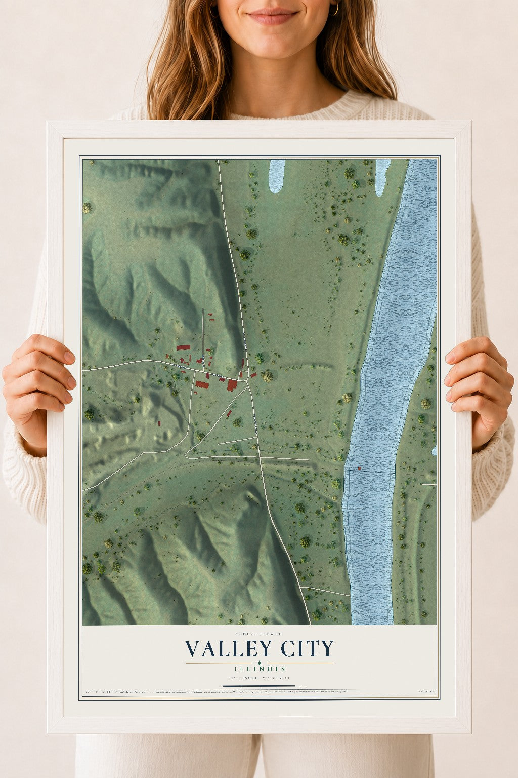 Map of Valley City, Illinois, 18 x 24 inch print in a white wood frame