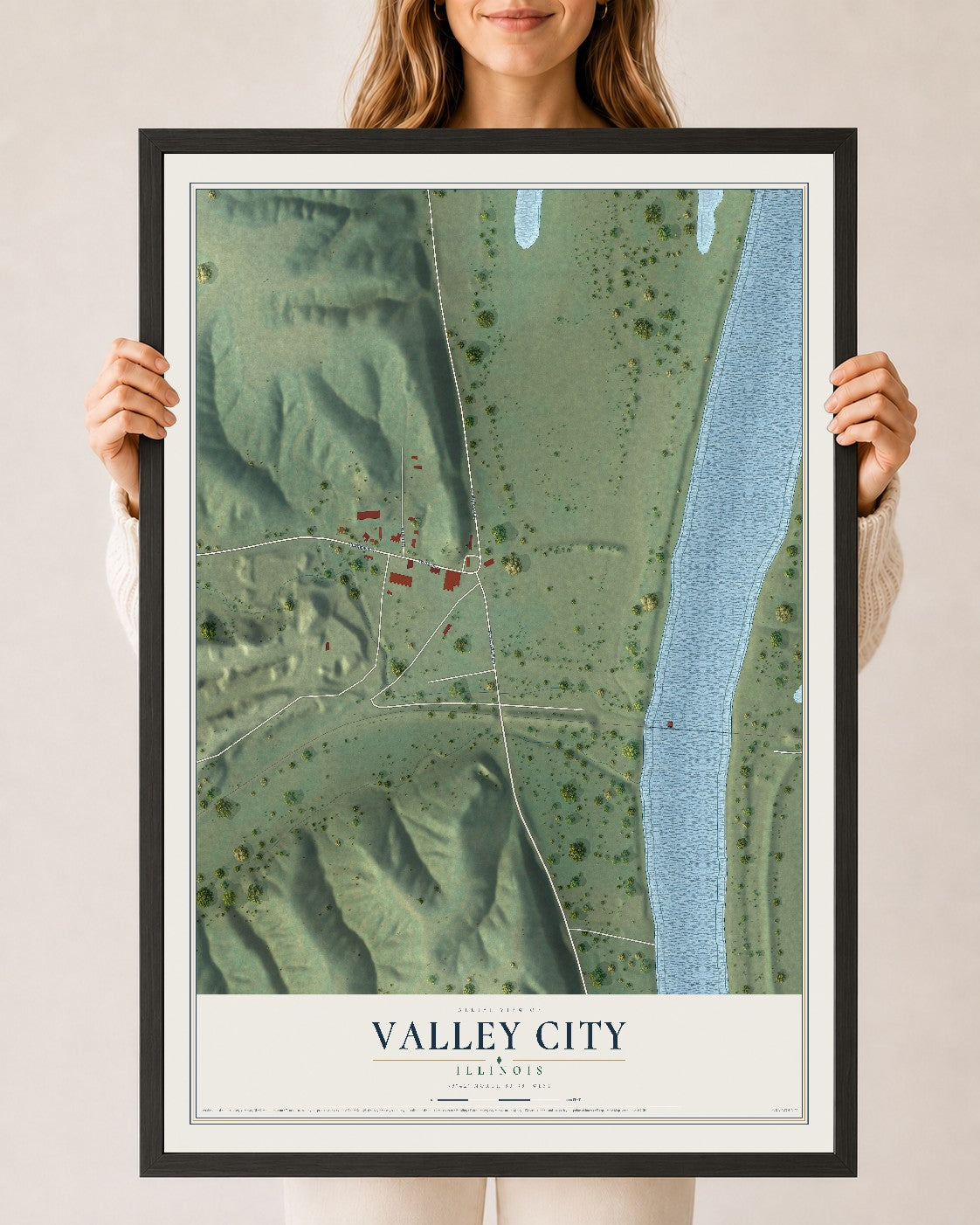 Map of Valley City, Illinois, 24 x 36 inch print in a black wood frame