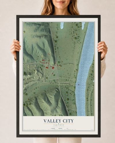 Map of Valley City, Illinois, 24 x 36 inch print in a black wood frame