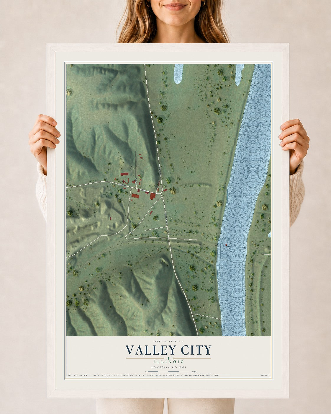 Map of Valley City, Illinois, 24 x 36 inch print in a white wood frame