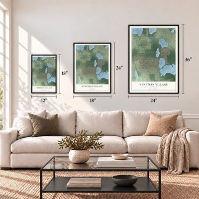 Venetian Village, Illinois map in 12 x 18, 18 x 24 and 24 x 36 inch sizes above a sofa