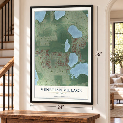 Venetian Village, Illinois map, 24 x 36 inch print in a black frame by a staircase