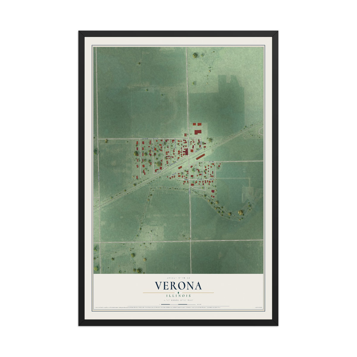 Map of Verona, Illinois, 12 x 18 inch print in a black wood frame