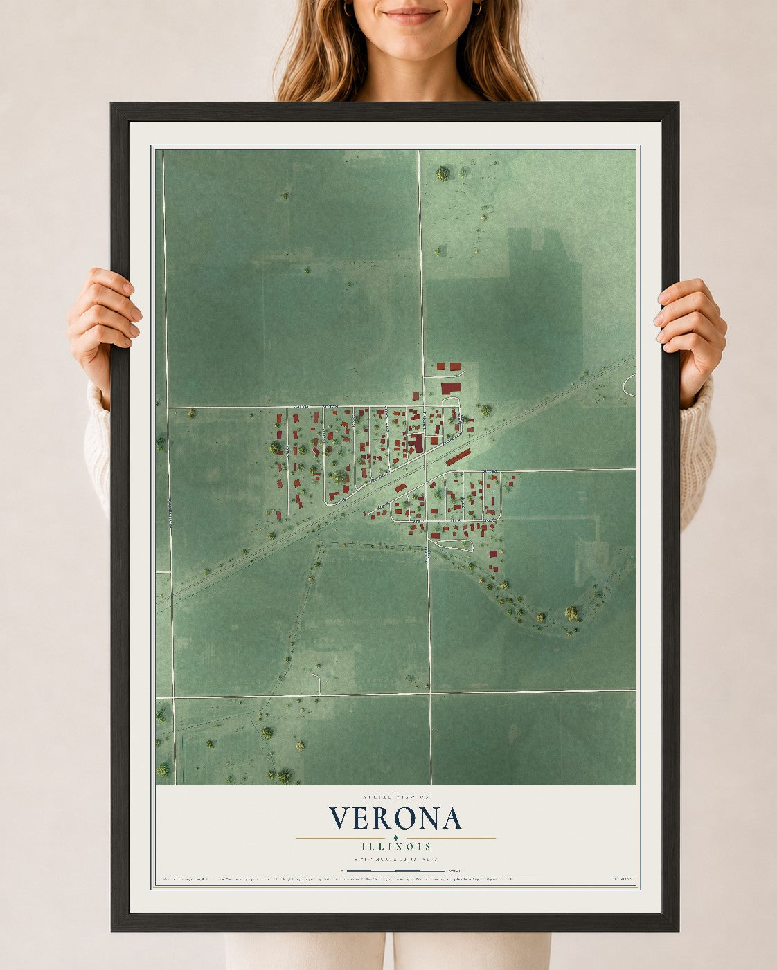 Map of Verona, Illinois, 24 x 36 inch print in a black wood frame