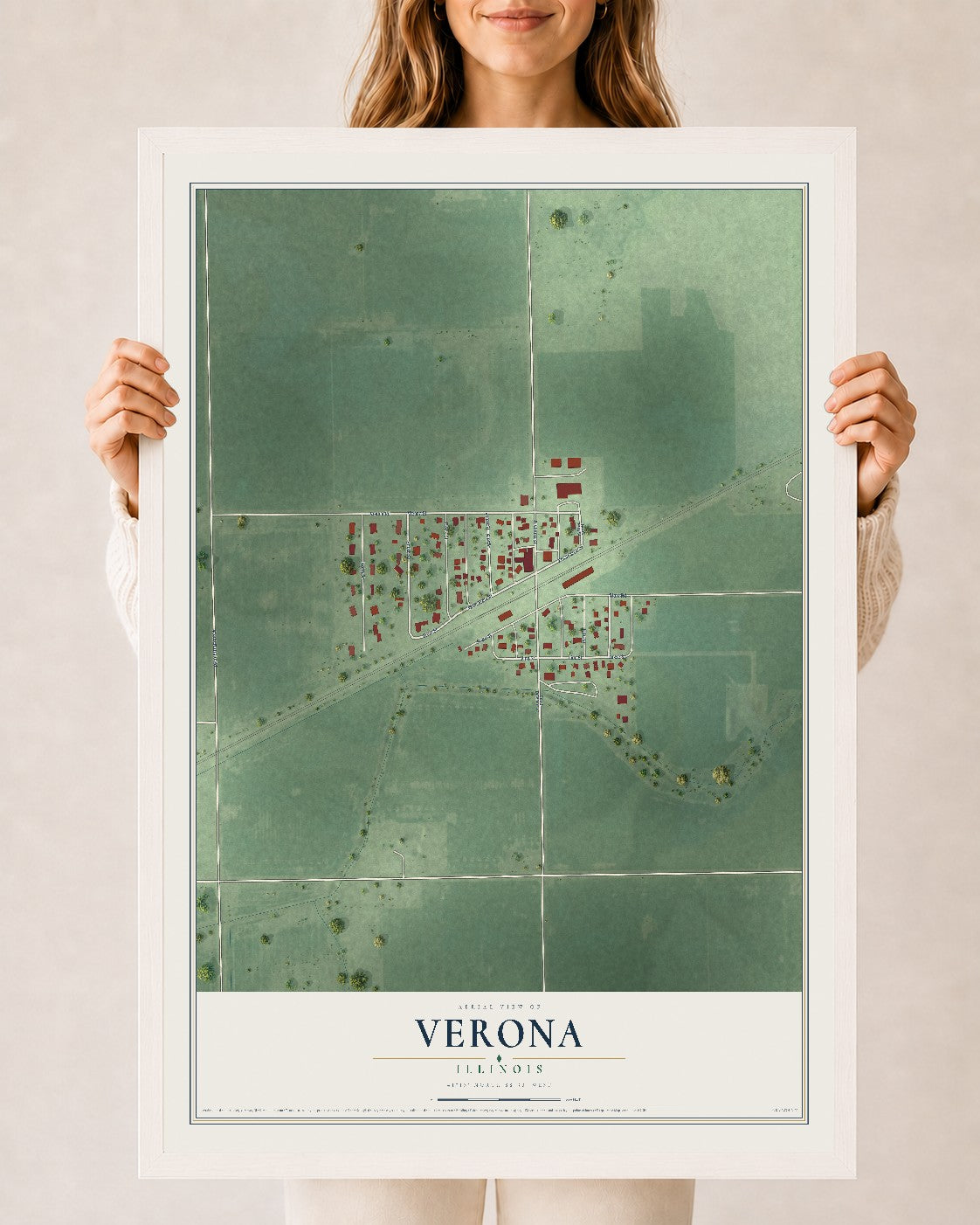 Map of Verona, Illinois, 24 x 36 inch print in a white wood frame