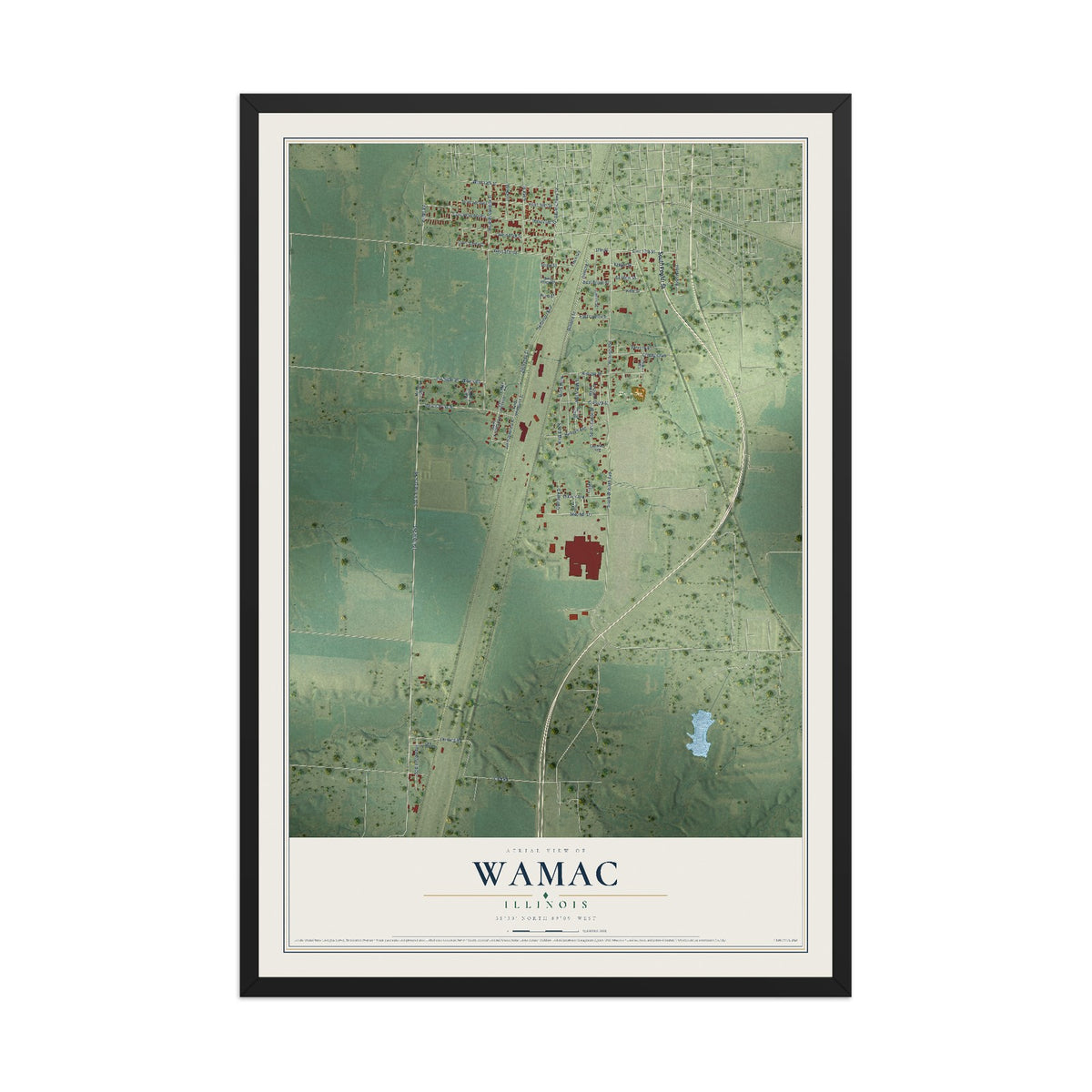 Map of Wamac, Illinois, 12 x 18 inch print in a black wood frame