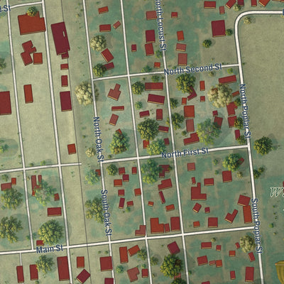 Close-up of the map of Wapella, Illinois print showing street and building detail