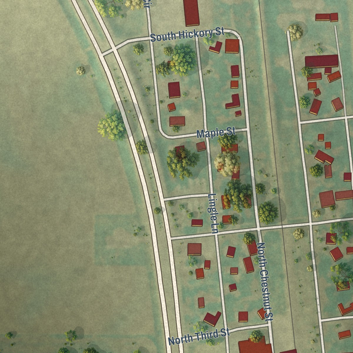 Second close-up of the map of Wapella, Illinois print showing more streets and buildings